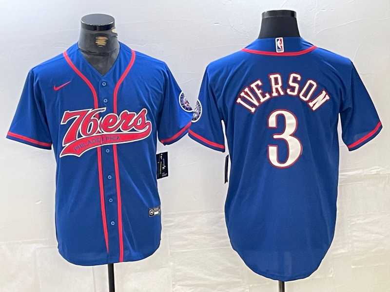 Mens Philadelphia 76ers #3 Allen Iverson Blue With Patch Cool Base Stitched Baseball Jersey